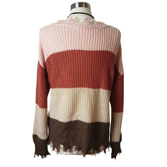 Alison Andrews Oversized Sweater M V-neck Frayed Hem Distressed Striped Coastal - Picture 3 of 7